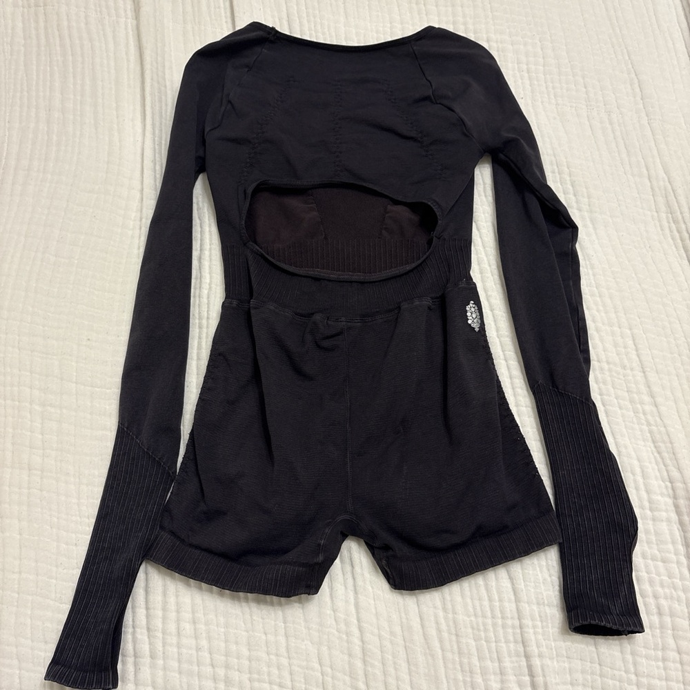 Free People Good Karma Black Long Sleeve Cut Out Bodysuit